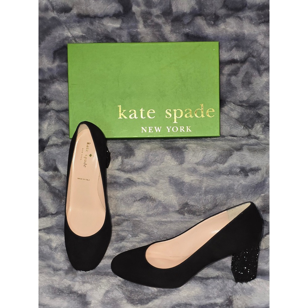 NWB Kate Spade Anastasia Black Suede Glitter Heel‎ Pumps Women's Size 7.5